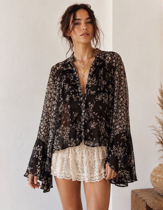 Free People Tops - Free People Floral Sheer Bell Sleeve Button Front Boho Blouse Black Medium